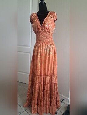 NWT  Silk Tiered Sunset Orange & Gold Maxi Dress | Bought in Spain